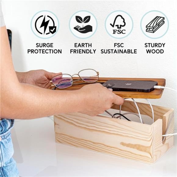 Natural Wood Cable Management Box [Set of Two] Large & Medium Cord Organizer Box - Picture 5 of 6